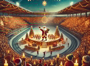 Weihnachtsmann singt in einem Stadion