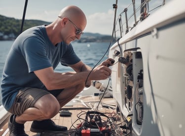 A technician working on a boat's electrical system in South Florida.