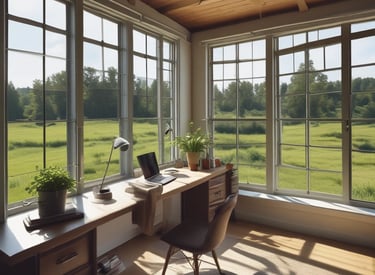 A cozy, rustic workspace with plants, sketches, and warm mocha and cream accents reflecting a nature-inspired creative studio.