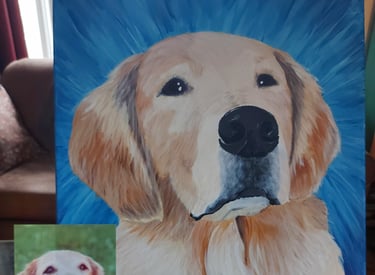 Image of a painting of a dog, with the photo version beside it. 