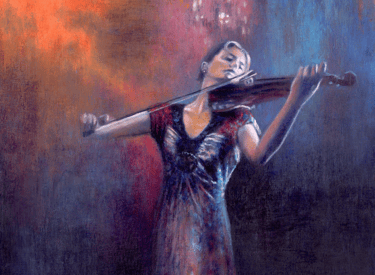 Acrylic painting of a symphony violinist in a blue and magenta dress, playing with emotion and spiri