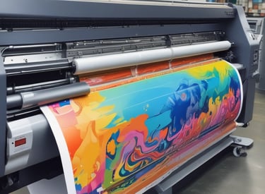 A large digital printing machine inside a room, producing a vivid banner with pink, black, and white colors. The machine has a blue exterior with multiple control buttons and switches, situated against a neutral-colored wall with a few posters and signs.