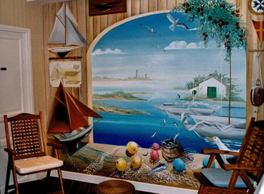 Fresque murale en trompe l'oeil permettant d'agrandir l'espace dans une petite salle d'attente.