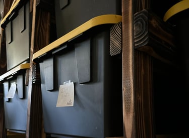 close-up on garage shelves big bin style