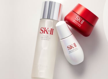 SK-II Facial Treatment Essence, GenOptics Serum, and Skinpower Cream.