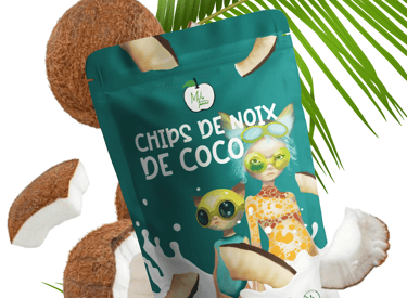 a bag of coconut chips with futuristic illustrations, bright green color bag