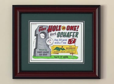 A framed piece of hole-in-one artwork with a ball and the pertinent information about the amazing shot.