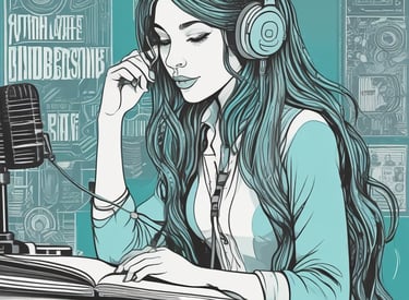 a woman in headphones and headphones is sitting at a microphone