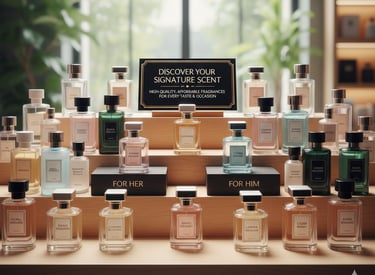 "Assorted luxury frangrances bottles arranged on display stand , available for customized gifthamper