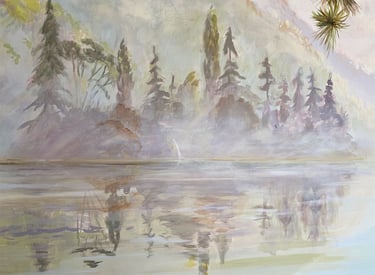 A close-up of a New Zealand-inspired mural depicting a lake with trees, waterfalls and mountains. 