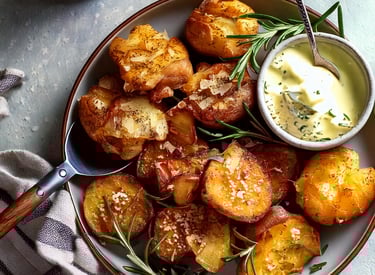 a bowl of smashed potatoes with a bowl of sauce