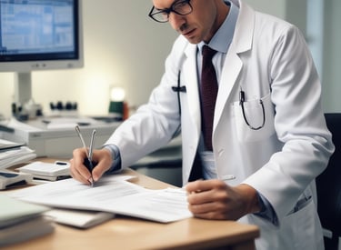 A confident healthcare recruiter shaking hands with a smiling hospital administrator in a bright, modern office.