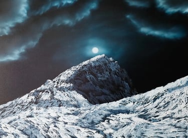a mountain scene with a moon and a full moon