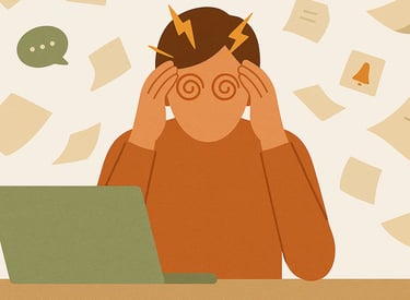 Persona con ojos como espirales rodeada de papeles y símbolos reflejando falta de tiempo y estres.