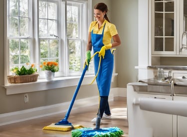 seven white push mops on wall