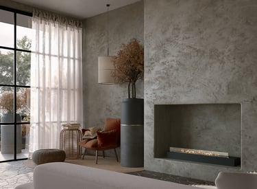 a living room with a fireplace and a large window