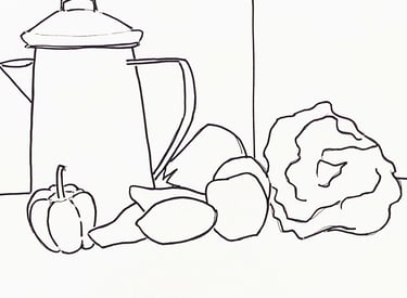drawing of a pitcher and fruit still life