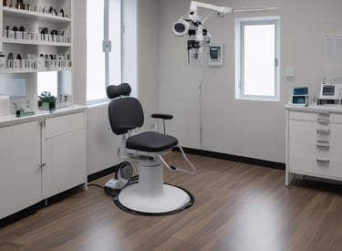Close-up of an eye exam with optometry equipment in a modern clinic.