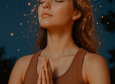 Mujer relajada meditando luz dorada representa bienestar, calma y equilibrio tratamientos wellness