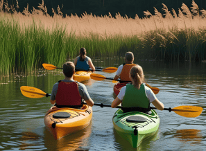 A family take a leisurely kayak trip in Pelican Lake by Minnewaska