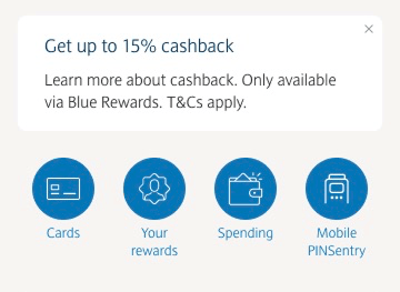 Part of the Barclays mobile app screen displaying a message to Get up to 15% Cashback.