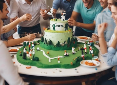 A group of friends enjoying a golf simulator at a birthday party indoors.