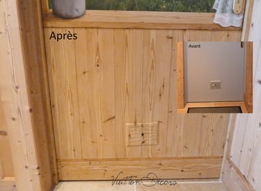 Faux bois peint sur une porte de service pour la masquer, images Avant/Après