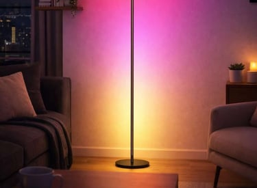 Slim LED floor lamp casting colorful ambient light across a modern living room
