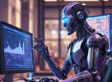 A person holds a smartphone displaying a financial or stock trading app, with detailed graphs and numerical data visible on the screen. In the background, there is a blurred computer monitor and office setting, suggesting a work environment.