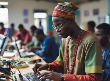 A vibrant image of the Blue Sky Clouding Senegal office with team members collaborating over digital devices.