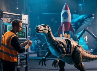 a man in a yellow vest and a dinosaur costume