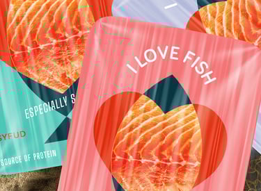 salmon packaging design, bright colors, simplistic design