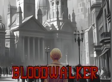 The cover art for Bloodwalker, a woman in color in front of a city in black and white
