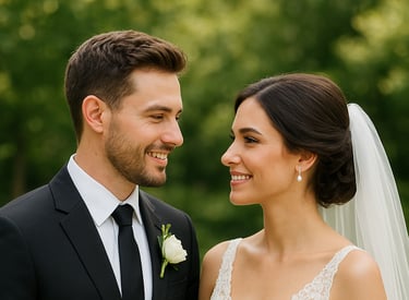  Ένα νεόνυμφο ζευγάρι που χαμογελά μαζί στο γάμο του.