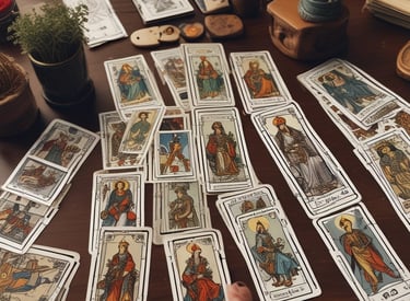 Three tarot cards are laid out on a wooden surface. The left card features a nude figure pouring water, surrounded by stars, and is labeled 'LA STELLA.' The center card depicts a heart pierced by three swords, symbolizing heartbreak or sorrow, and is labeled with the Roman numeral III. The right card shows a landscape with a large sun or moon, two animals, and two towers in the background. It is labeled 'LA LUNA' with the Roman numeral XVIII. A partially burned scroll is placed on top of the leftmost card, and there are scattered dried flowers on the table.