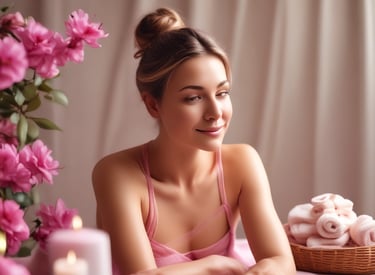 A serene spa setting with three beauty product tubes displayed prominently on a small round table. In the background, a person relaxing in a bathtub with a towel wrapped around their head and sunglasses.