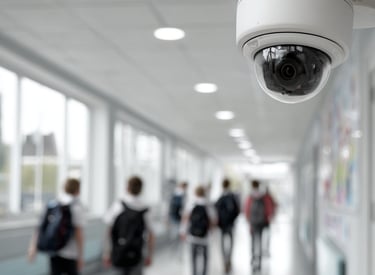 a CCTV camera mounted on a wall in a school hallway