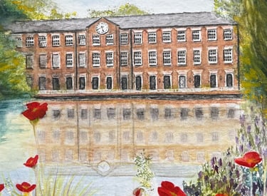Ink pen and watercolour of Mill and pond