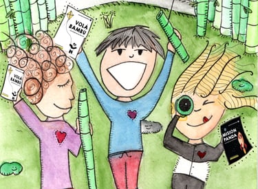 a drawing of a boy and girl holding a book