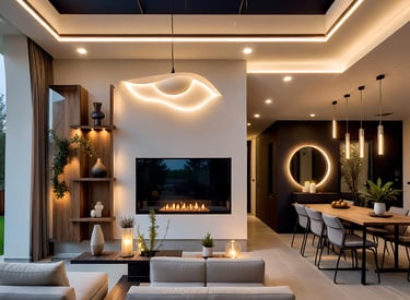 a living room with a fireplace and a dining room  | Nour Nagy Designs