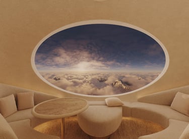 Aircraft lounge interior – Cozy, modern aircraft lounge with beige seating and a large window view o