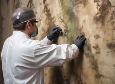 A close-up view of a moldy surface, featuring various shades of blue, green, and white with a fuzzy texture. The mold creates an uneven pattern, and there is an area with a glossy, yellowish substance.