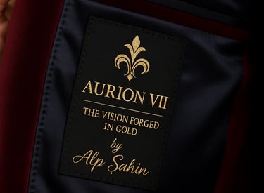 Aurion VII emblem inside a tailored jacket, representing the design identity of Aurionism.