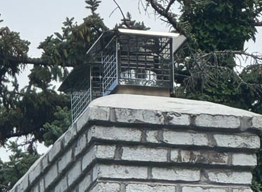 A newly installed stainless steel chimney cap and repaired crown on a painted brick chimney, providing weather and animal pro