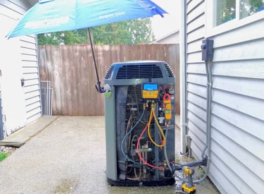 An outdoor HVAC system maintenance during a visit to our client making readings on the digital tool