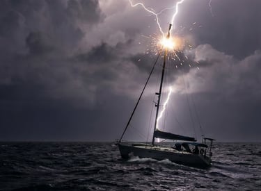 Yacht being stuck by lightning 