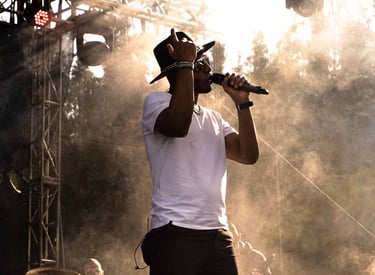 Fotografía de concierto en el atardecer de cantante con estilo