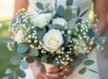 a bridesmael holding a bouquet of white roses