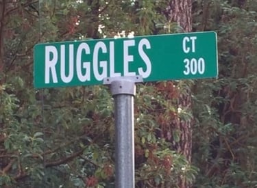 Photo of green street sign in front of wooded background: "Ruggles Ct, 300."
