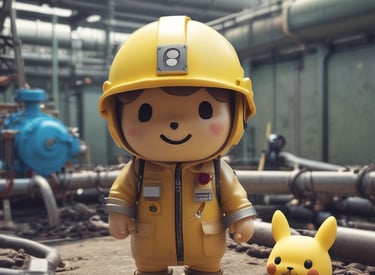 A large black water tank sits atop a cylindrical base made of red bricks. Beside it, a tall red pole stands, attached with an electrical meter box. In the background, there are trees with green foliage and residential buildings with a yellow exterior. The ground is overgrown with grass and some scattered foliage.